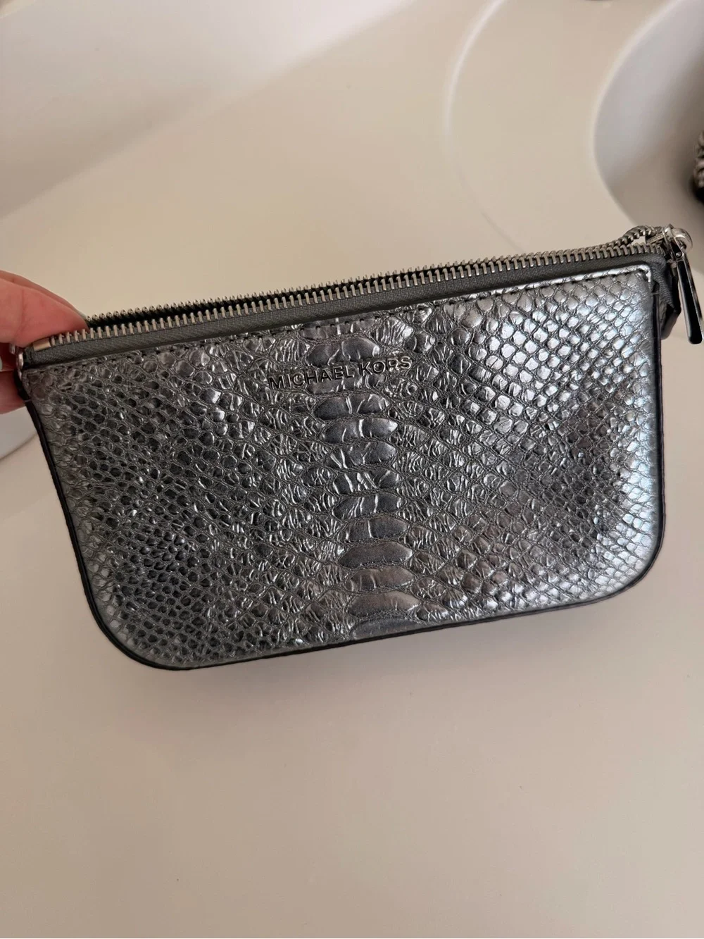 Michael Kors Metallic Silver Embossed Snake-Effect Wristlet